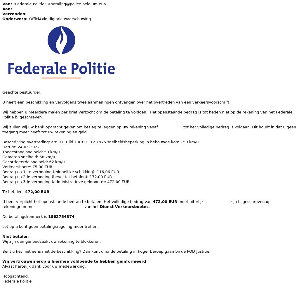 Fausses amendes routières au nom de la police fédérale Safeonweb